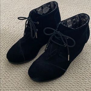 TOMS Lace-up, black suede, desert wedge bootie.